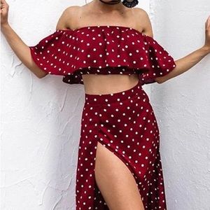 Polka Dot Ruffle Crop Top With Split Skirt